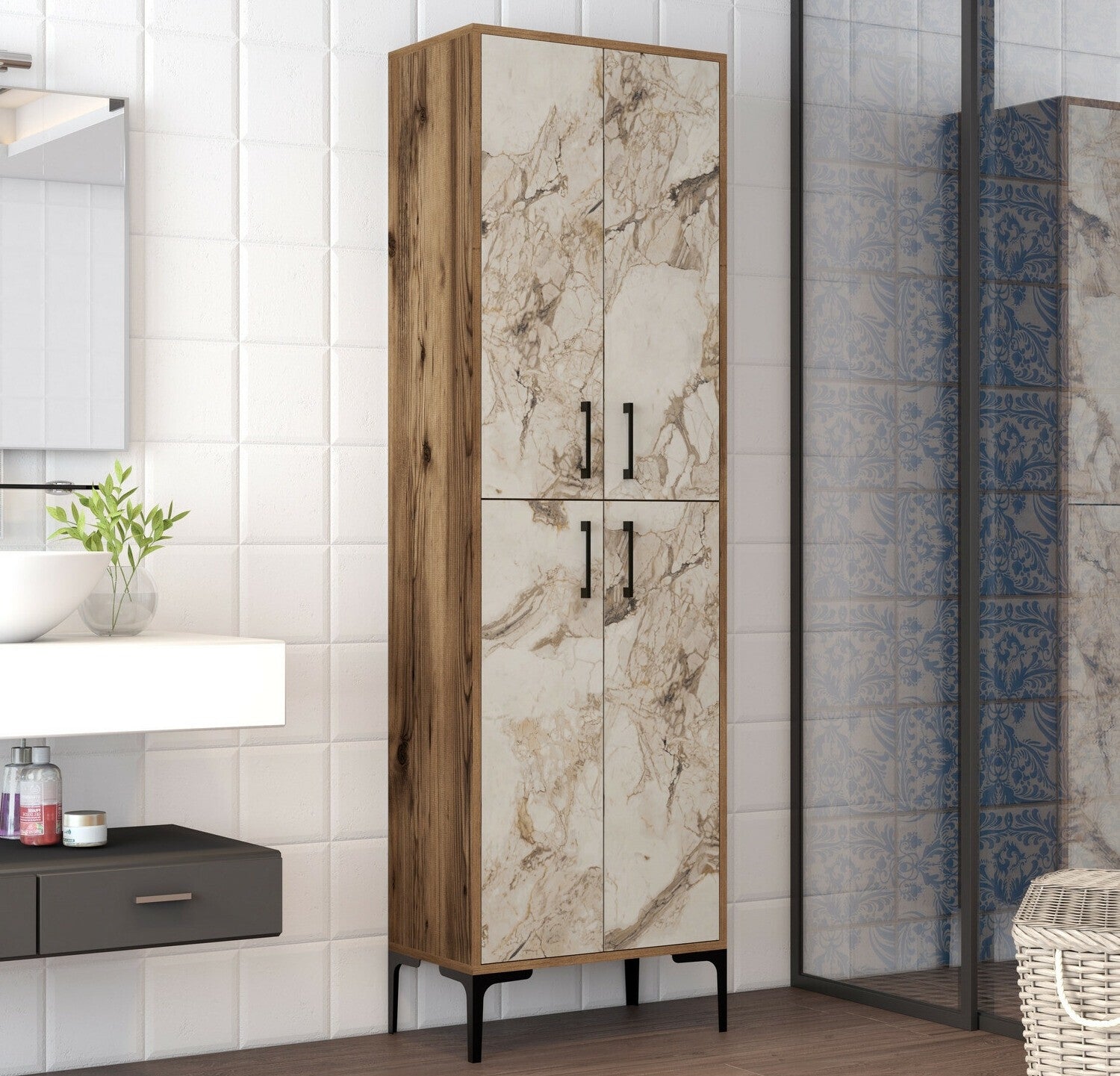 Cabinet Berlin A - Walnut, White Marble 3271581