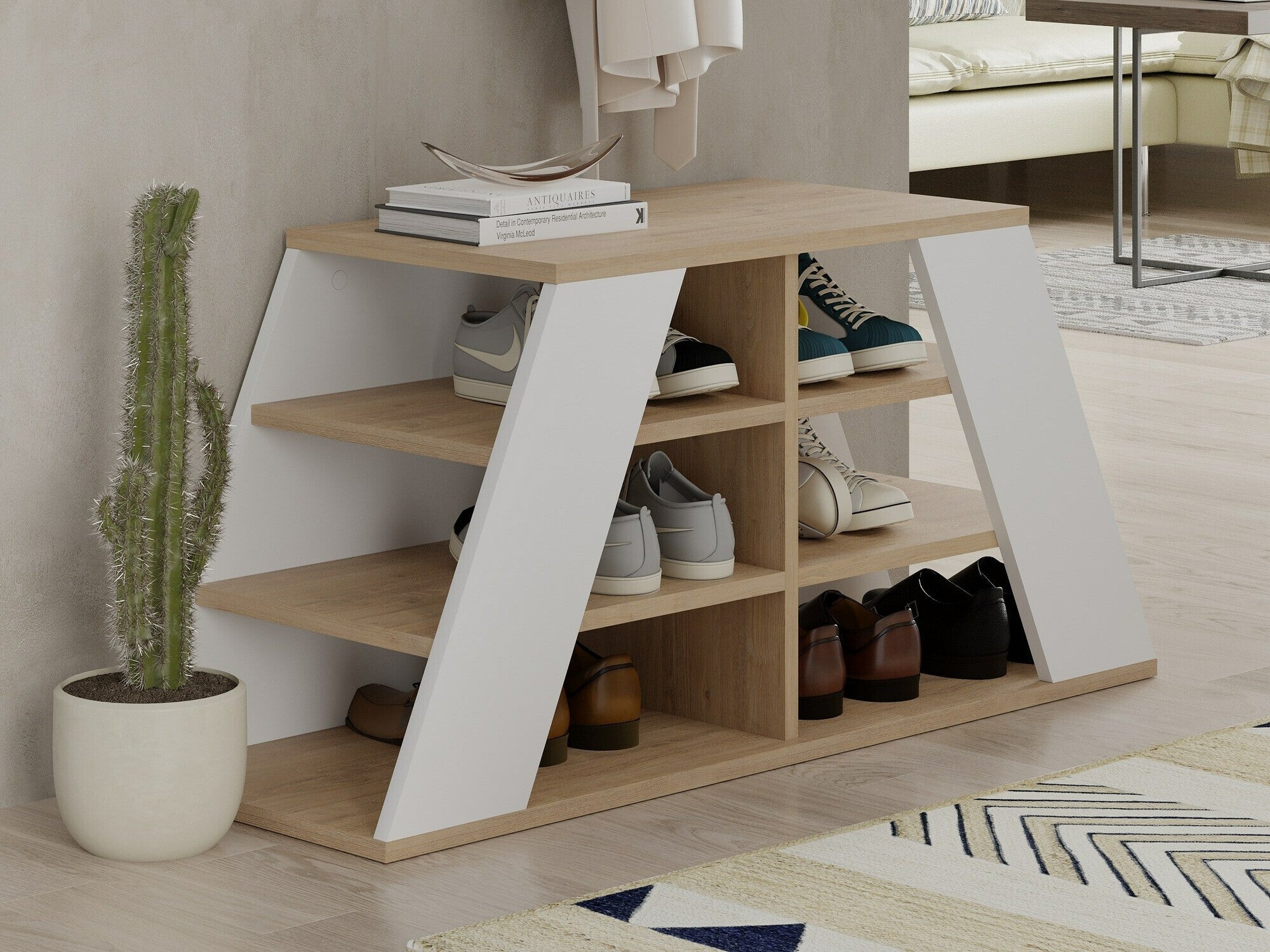 Comodă pentru pantofi Pyramid Shoe Bench - Oak, White Alb + Stejar