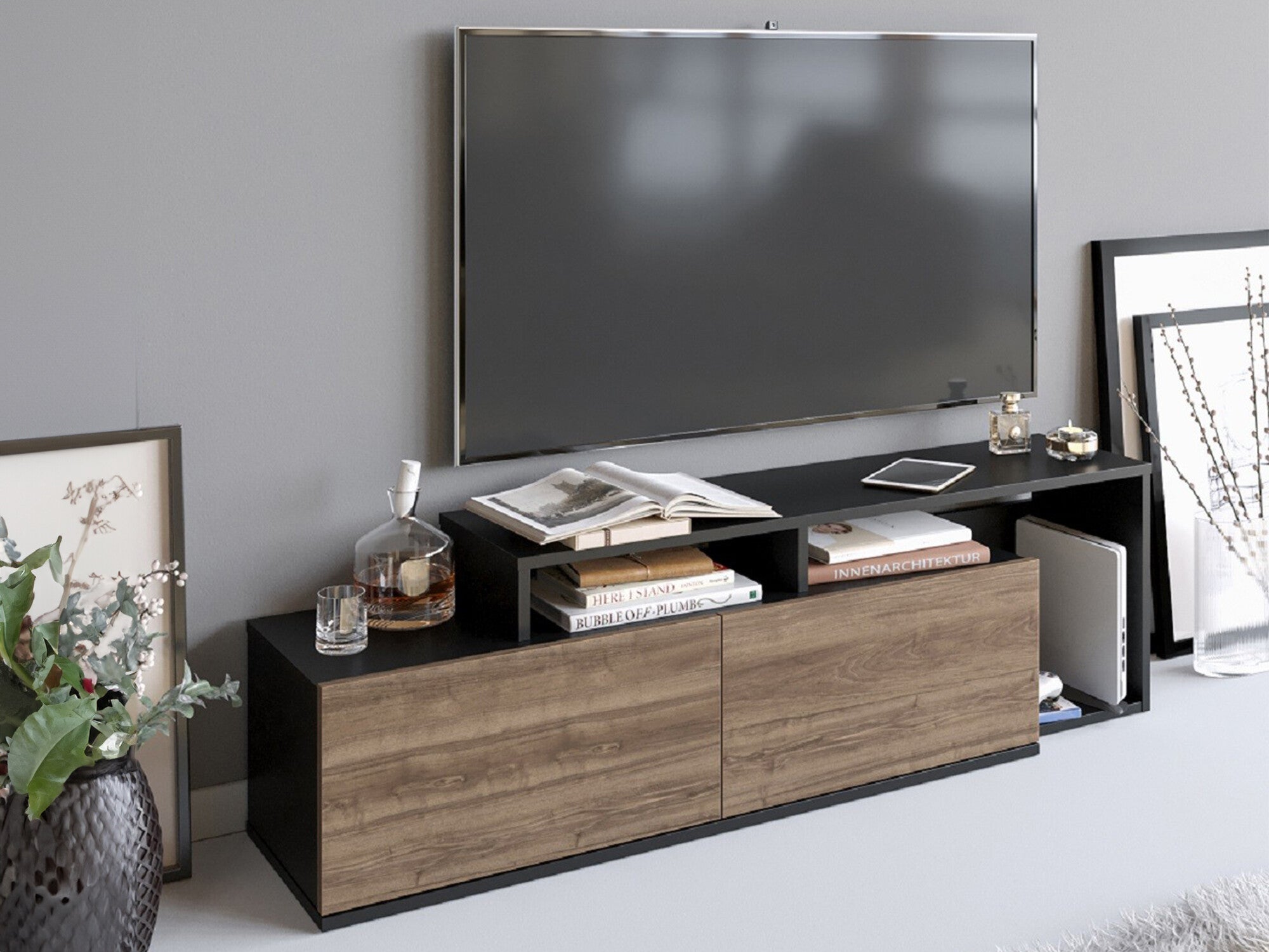 Comodă TV Nexera - Black, Walnut Negru + Nuc 3778640