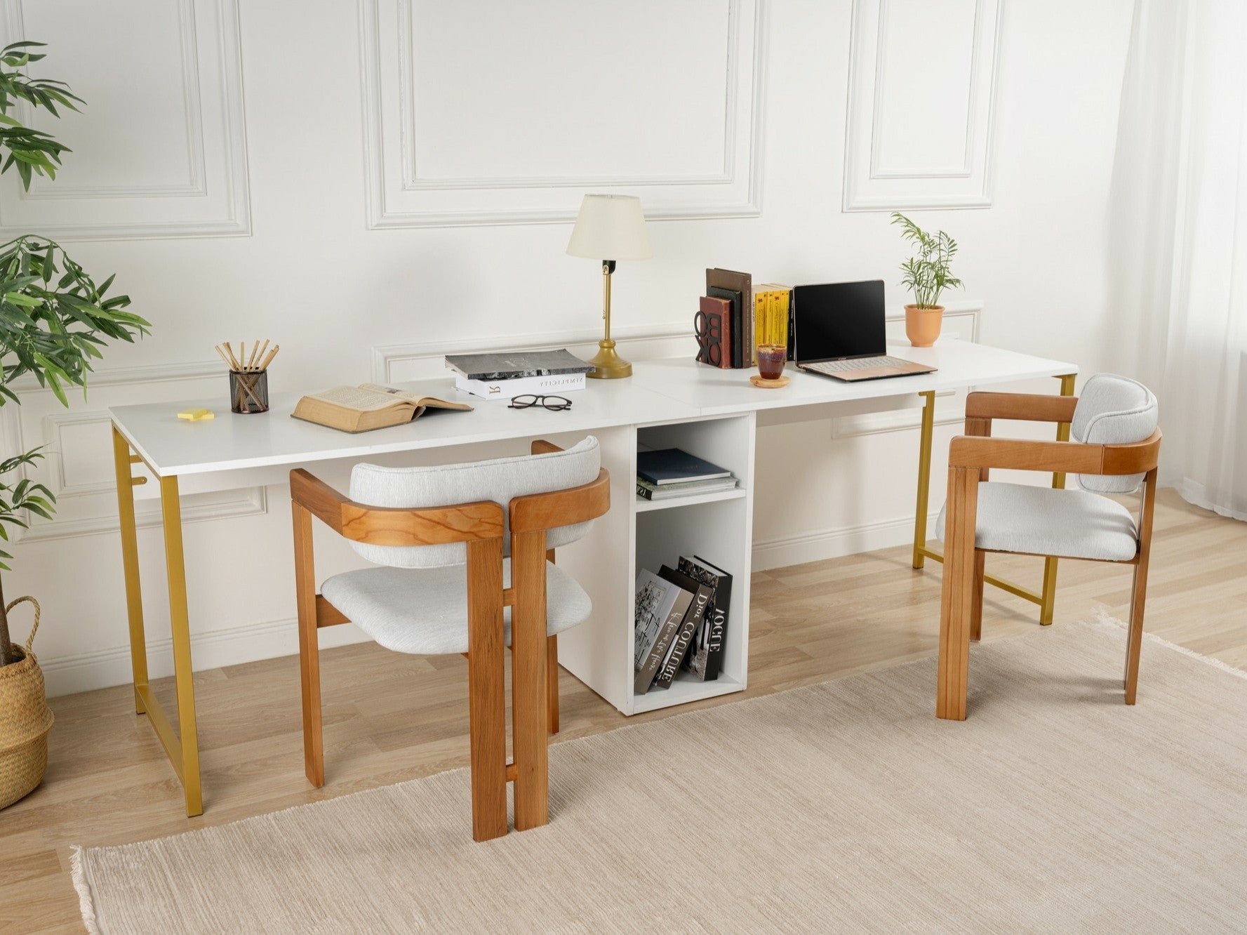 Birou Twin Study Desk - White Alb + De aur