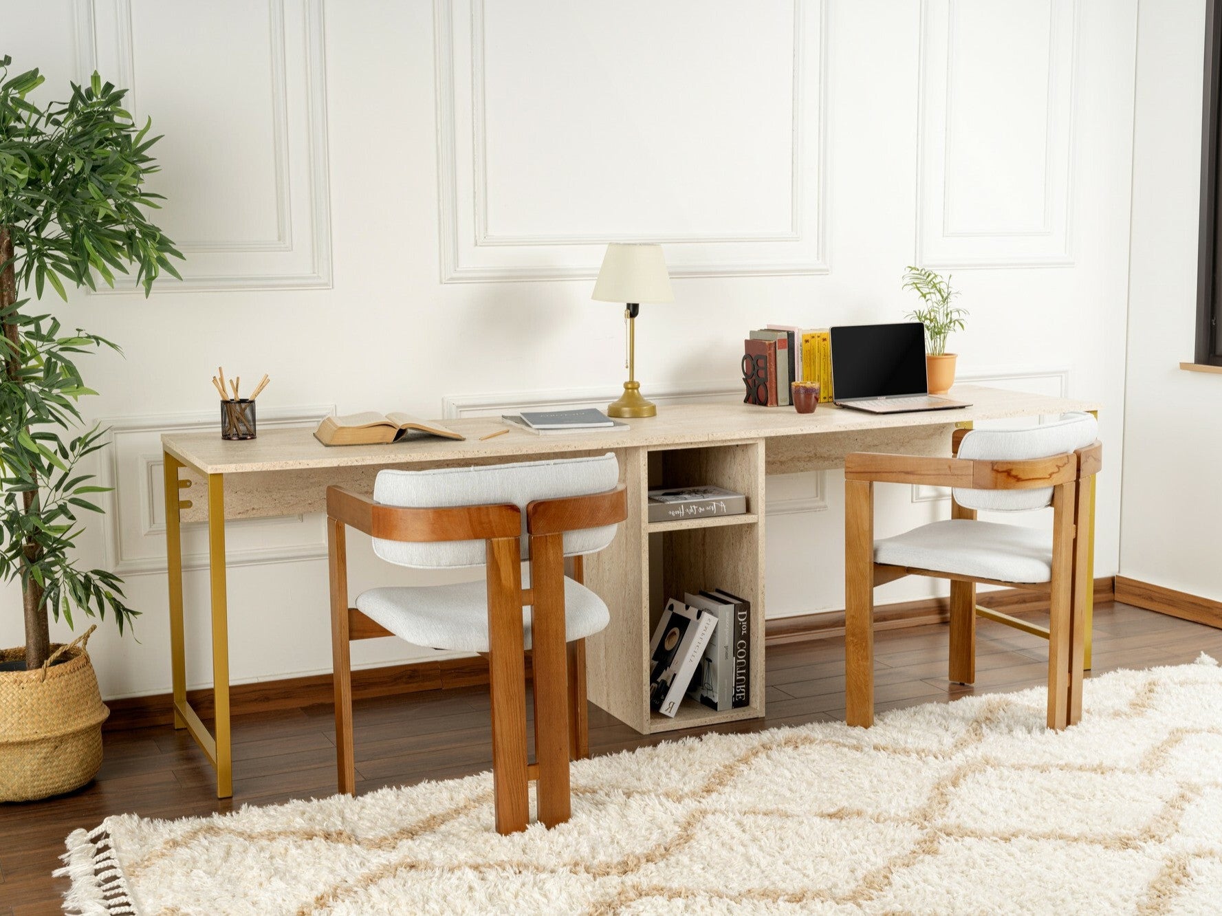 Birou Twin Study Desk - Traverten Maro deschis + De aur